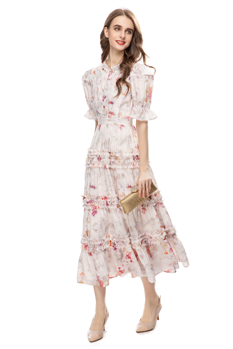 Women's Runway Dresses O Neck Short Sleeves Printed Floral Tiered Ruffles High Street Casual Vestidos