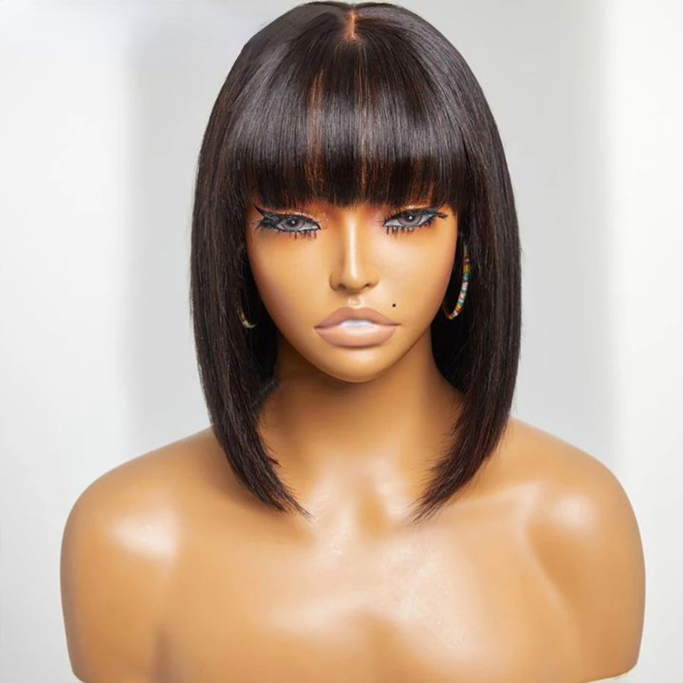 Brazilian Short Bob Straight Simulation Human Hair Wigs With Bangs Full Lace Front Wigs For Black Women Glueless Fringe Wig Bangs