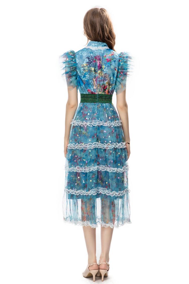 Women's Runway Dresses O Neck Tiered Ruffles Lace Patchwork Fashion High Street Vestidos