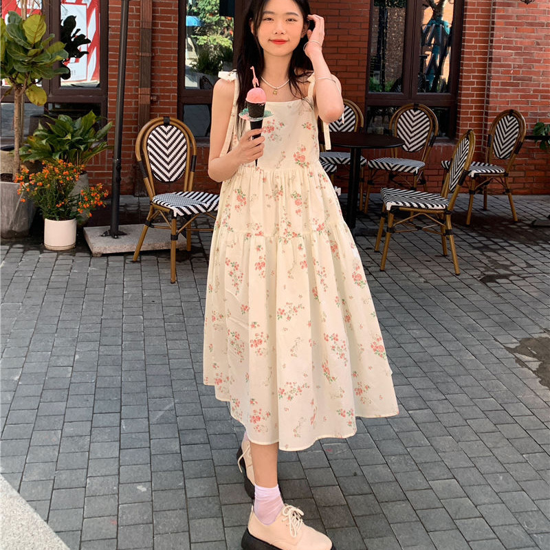 Casual Dresses Rimocy Summer Sweet Floral Midi Women Lace Up Loose Spaghetti Strap Woman Korean Female 230426