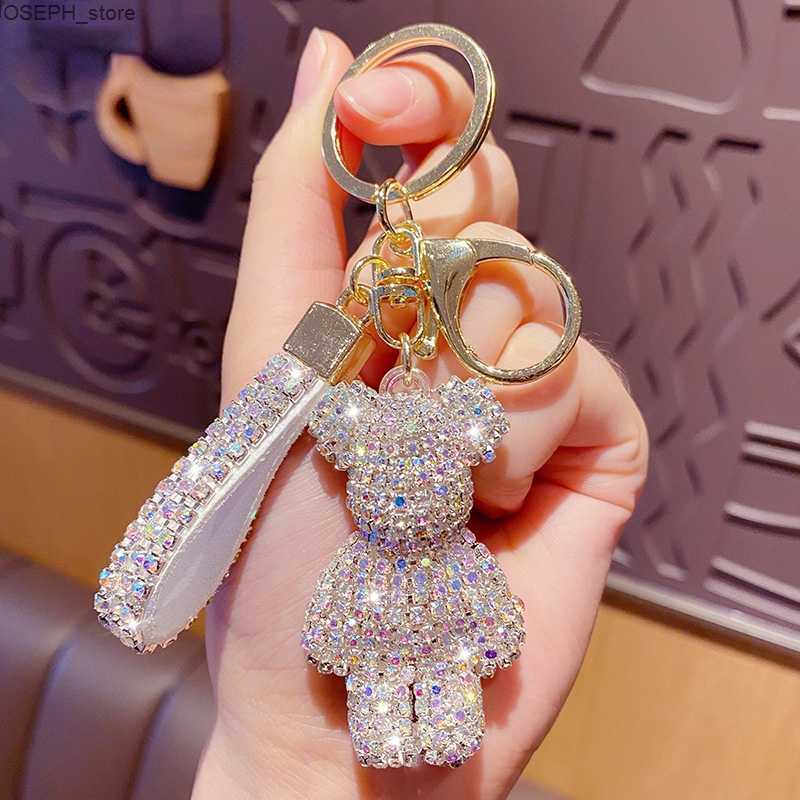 Key Rings High Quality Rhinestone Animal Keychain Leather Strap Car Key Case Pendant Fancy Rhinestone Bear Animal Keychain Bag Pendant J230427