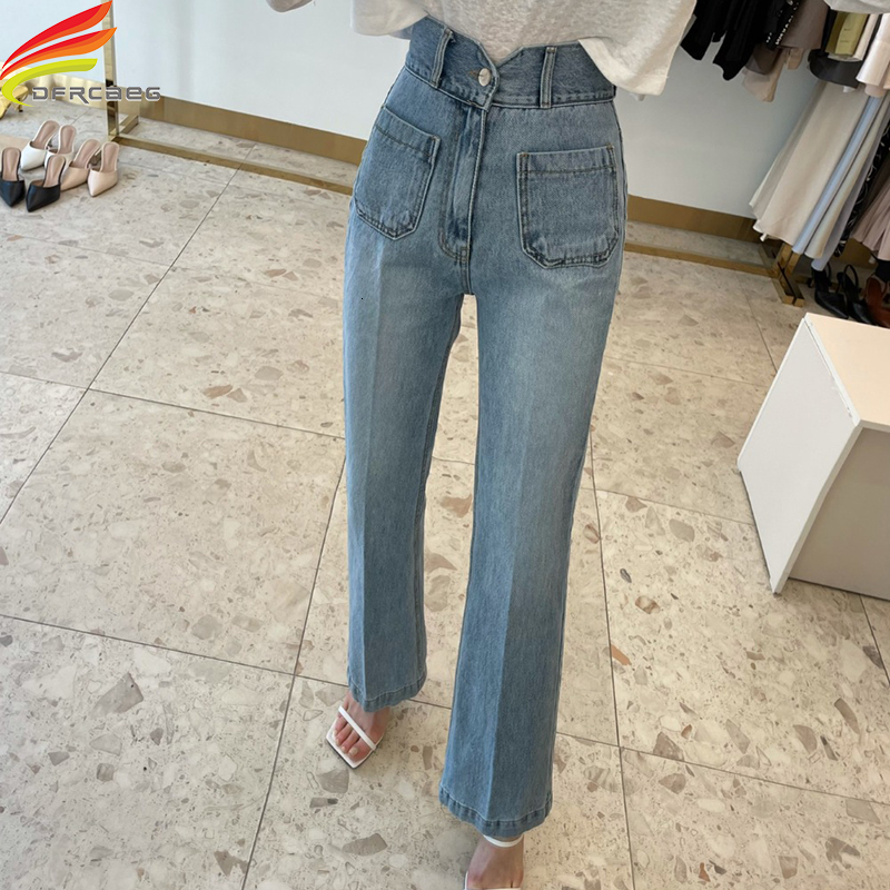 Women's Jeans Autumn High Waist Jeans For Women Double Pockets Korean Fashion Casual Denim Pants Jeans Washed Loose Flare Jeans 230427