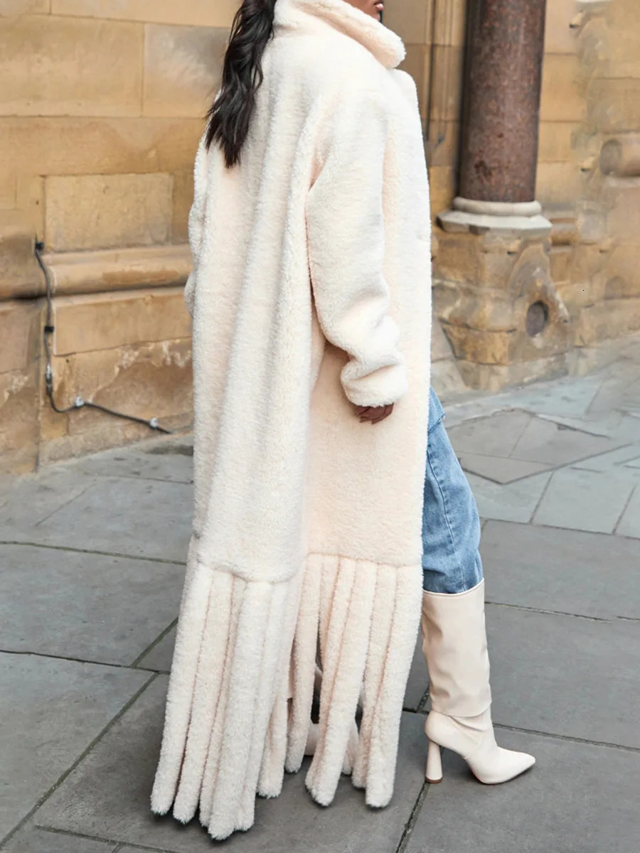 Women's Wool Blends Fashion Faux Fur Warm Coat Lapel Casual Loose Long Sleeve Hem Tassel Plush Overcoat 2023 Winter 231124