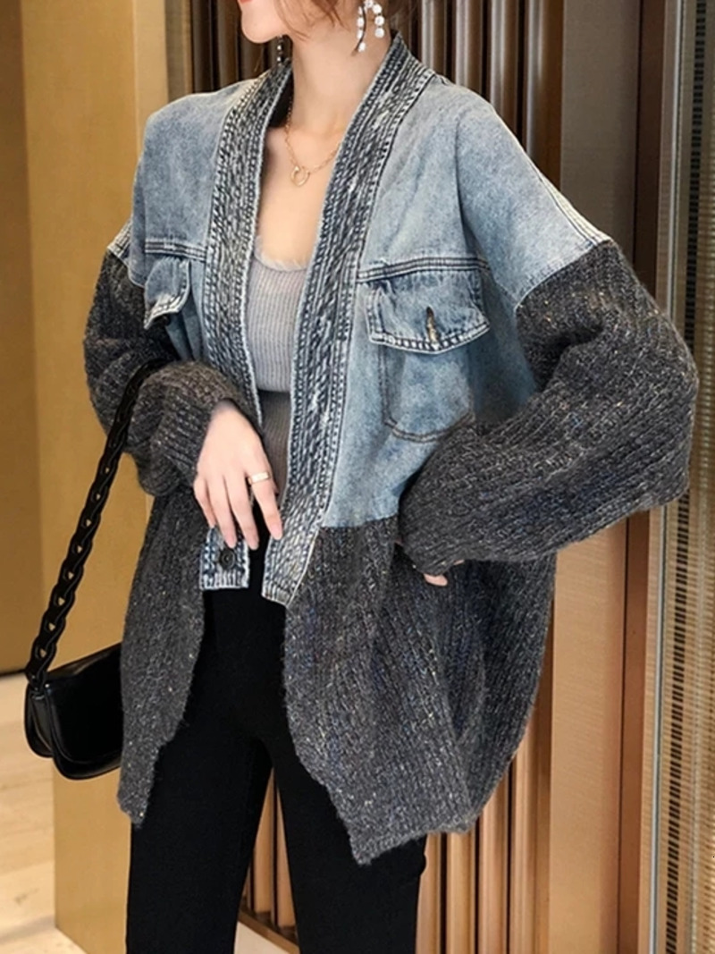 Women's Jackets Jean Jacket Women Denim Jackets Knit Patchwork Spring Autumn Korean Youth Patchwork Denim Street Knitted Cardigan Jackets 230427