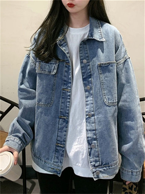 Women's Jackets Syiwidii Denim Jacket for Women Loose Single Breasted Turn Down Collar Long Sleeve Jacket Korean Fashion Streetwear Coat 230427
