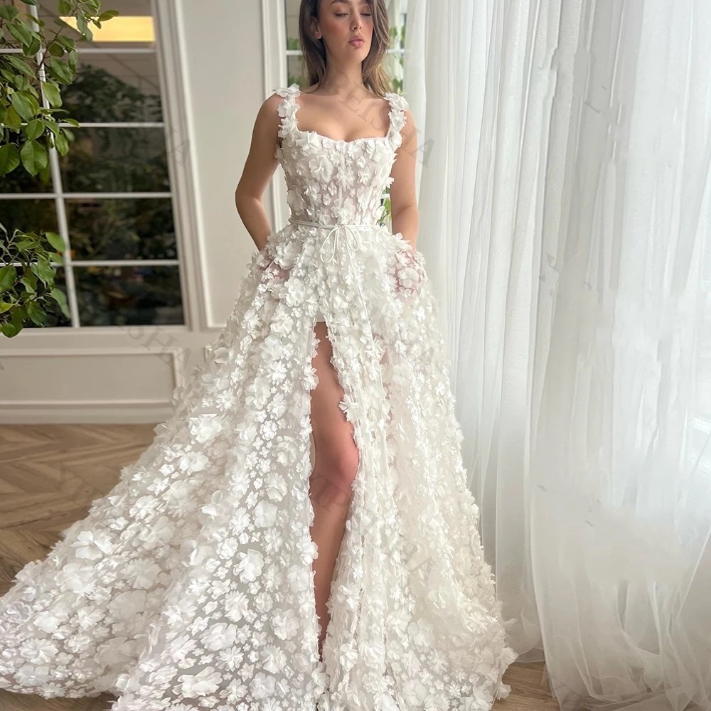 2024 Classic White Prom Homecoming Dress Square Collar A-e 3D Lace Appliques Long Slit Formal Birthday Party Gown Graduation Wear Robe De Soiree