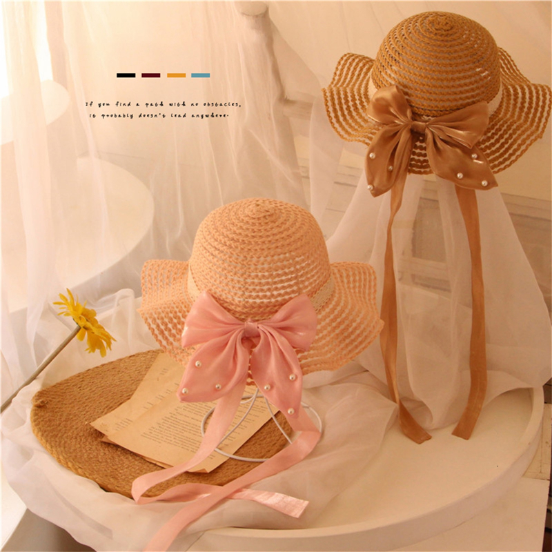 Caps Hats Fashion Baby Petal Brim Straw Woven Hat Sun Protection Cap Kids Girls Princess Adjustable Beach Cute Infant Bucket 230426