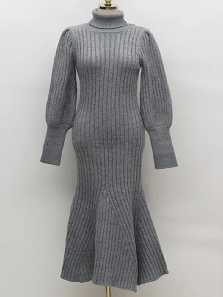 Women s Knits Tee Turtleneck Knitted Sweater Long Dress 2023 Autumn Solid Sleeve Casual Dresses Elegant Bodycon Sheath Female 231127