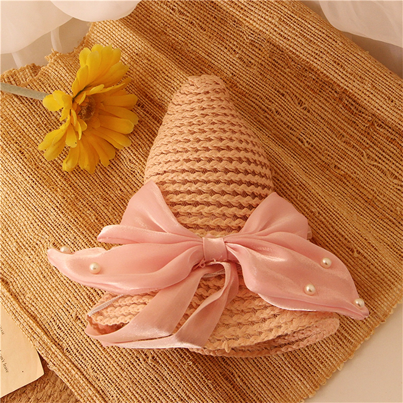 Caps Hats Fashion Baby Petal Brim Straw Woven Hat Sun Protection Cap Kids Girls Princess Adjustable Beach Cute Infant Bucket 230426