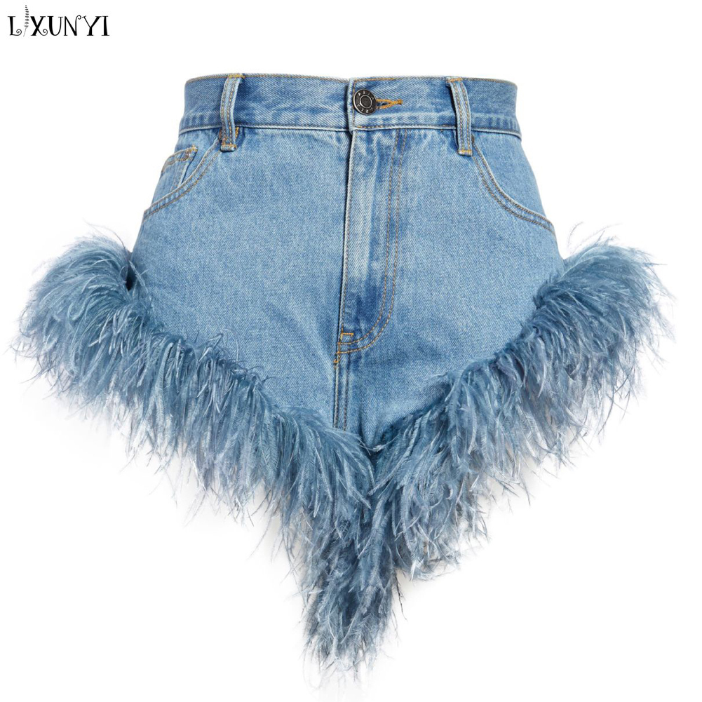 Womens Shorts Feather Patchwork Denim Women Summer Sexy High Street Runway Jean Female Tassel Hem Irregular Short Jeans 230426