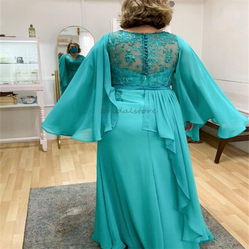 Turquoise Plus Size Mother Of The Bride Dress Cape Long Sleeve Floor Length Chiffon Wedding Guest Dress 2024 V Neck Lace Women Evening Promdess Mom Fo