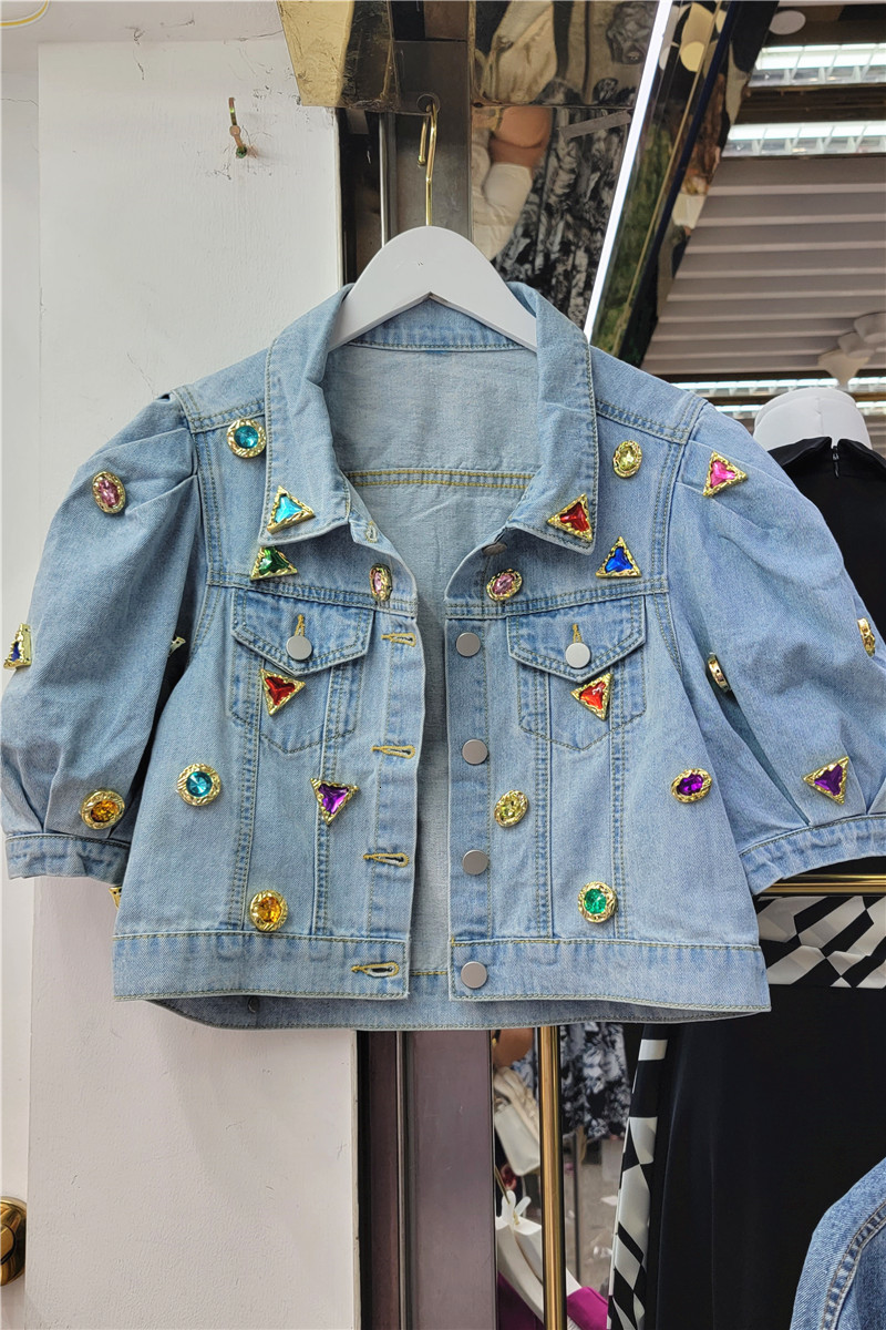 Women's Jackets Casual Puff Sleeve Rhinestones Short Denim Coats for Women Spring and Summer Loose Diamonds Crop Jean Jackets Female 230427