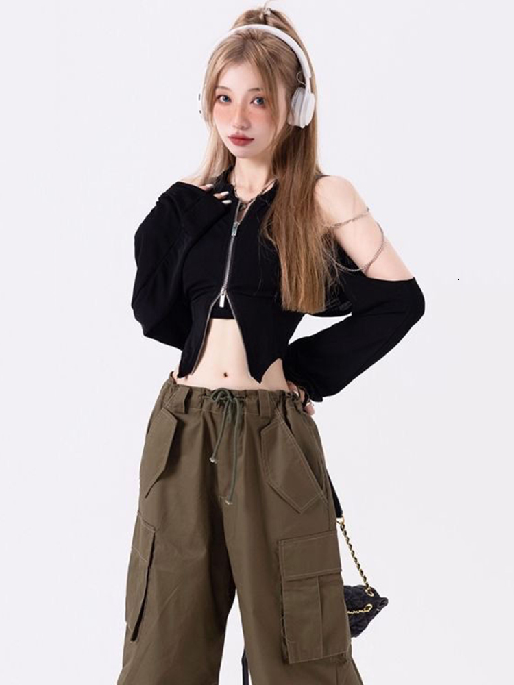 Women's T Shirt Kaus Lengan Panjang Ritsleting Wanita sweet Ins Chic Y2k Atasan Crop Mode Baru Korea Pakaian Off Shoulder Gadis Muda Bergaya 2304