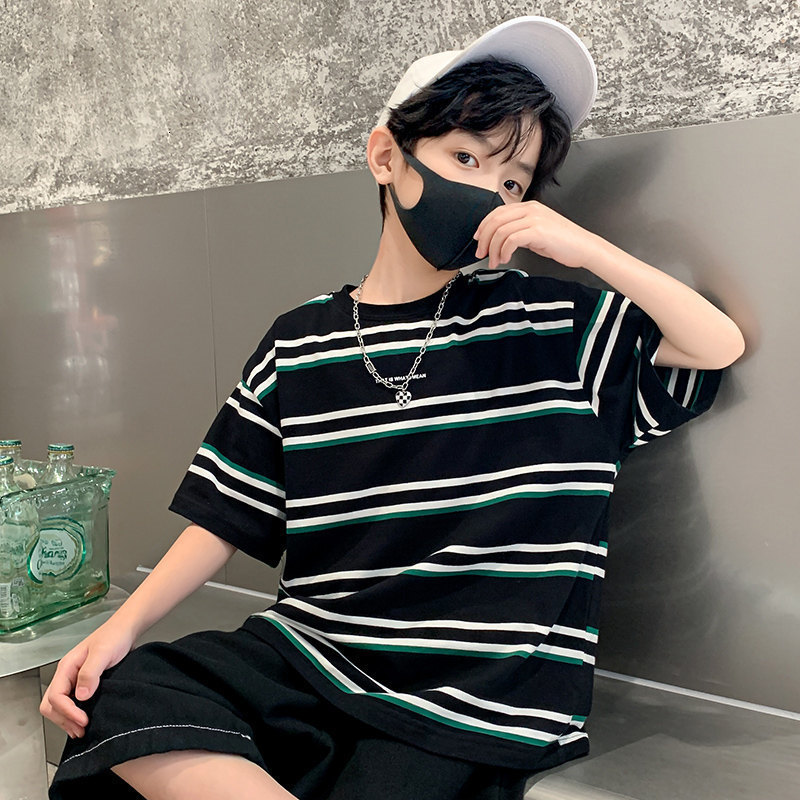 T-shirts Summer 5-14 Years Age Boy's Tshirt Fashion Casual Cotton Striped Print Short Sleeve O-Neck Kids T-Shirt Sport Tees Clothes 230427