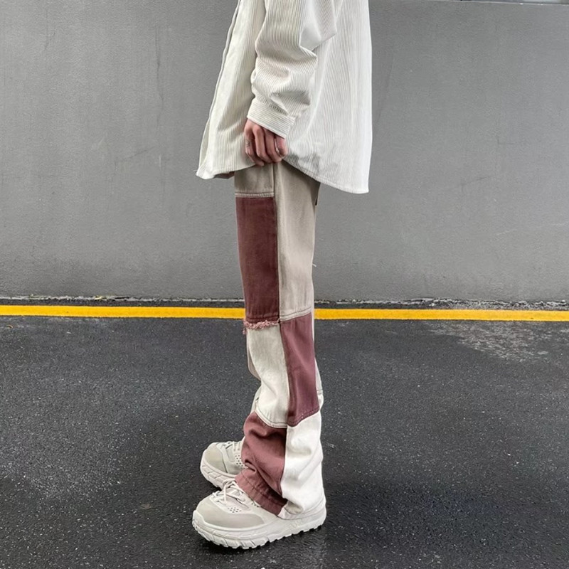 Men's Jeans Fashion Brown Patchwork Grunge Baggy Men Trousers High Street Loose Straight Hip Hop Women Denim Pants Pantalones 230426