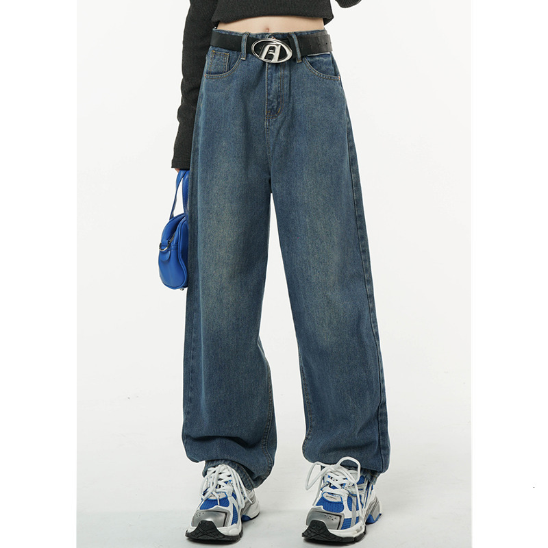 Women's Jeans Winter Vintage Blue High Waist Women Jeans American Fashion Streetwear Wide Leg Jean Female Denim Trouser Straight Baggy Pants 2304