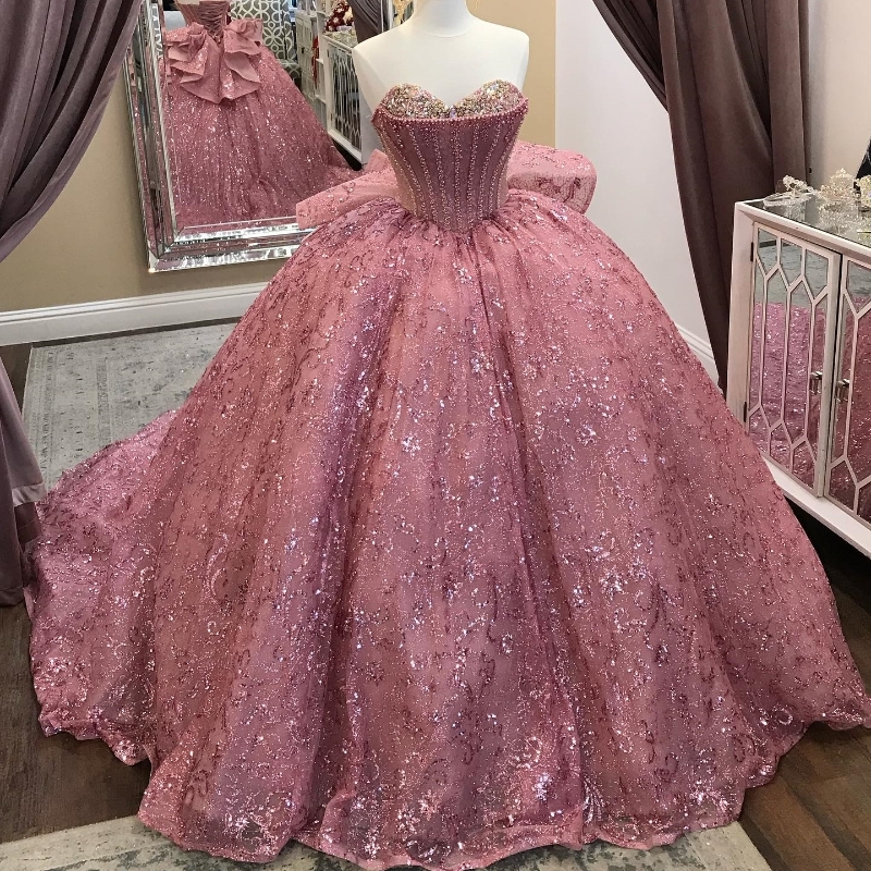 Pink Shiny Sequined Ball Gown Quinceanera Off The Shoulder Corset Lace Beads Crystal Sweet 16 Dress Vestidos De XV Anos 15