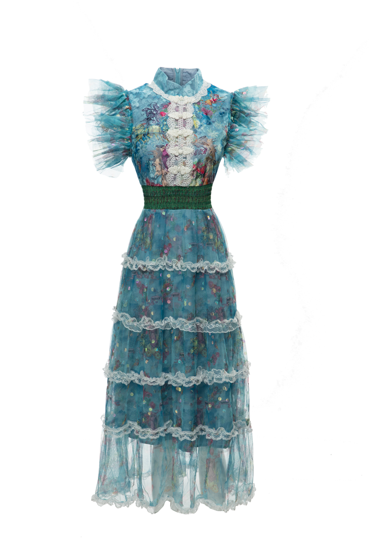 Women's Runway Dresses O Neck Tiered Ruffles Lace Patchwork Fashion High Street Vestidos