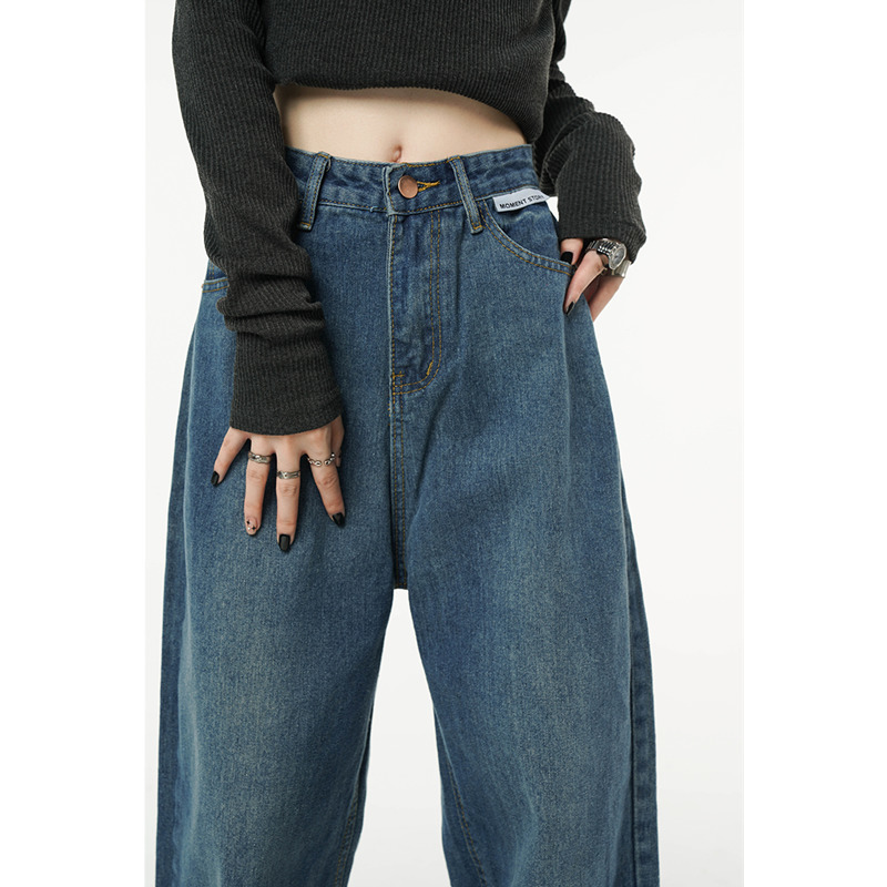 Women's Jeans Winter Vintage Blue High Waist Women Jeans American Fashion Streetwear Wide Leg Jean Female Denim Trouser Straight Baggy Pants 2304