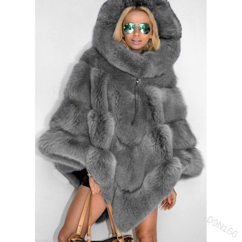 Faux Fur Coat Women Fox Fur Winter Warm Oversized Long Sleeve Cape Poncho Overcoat Pullover Jacket Outwear Plus Size 201029