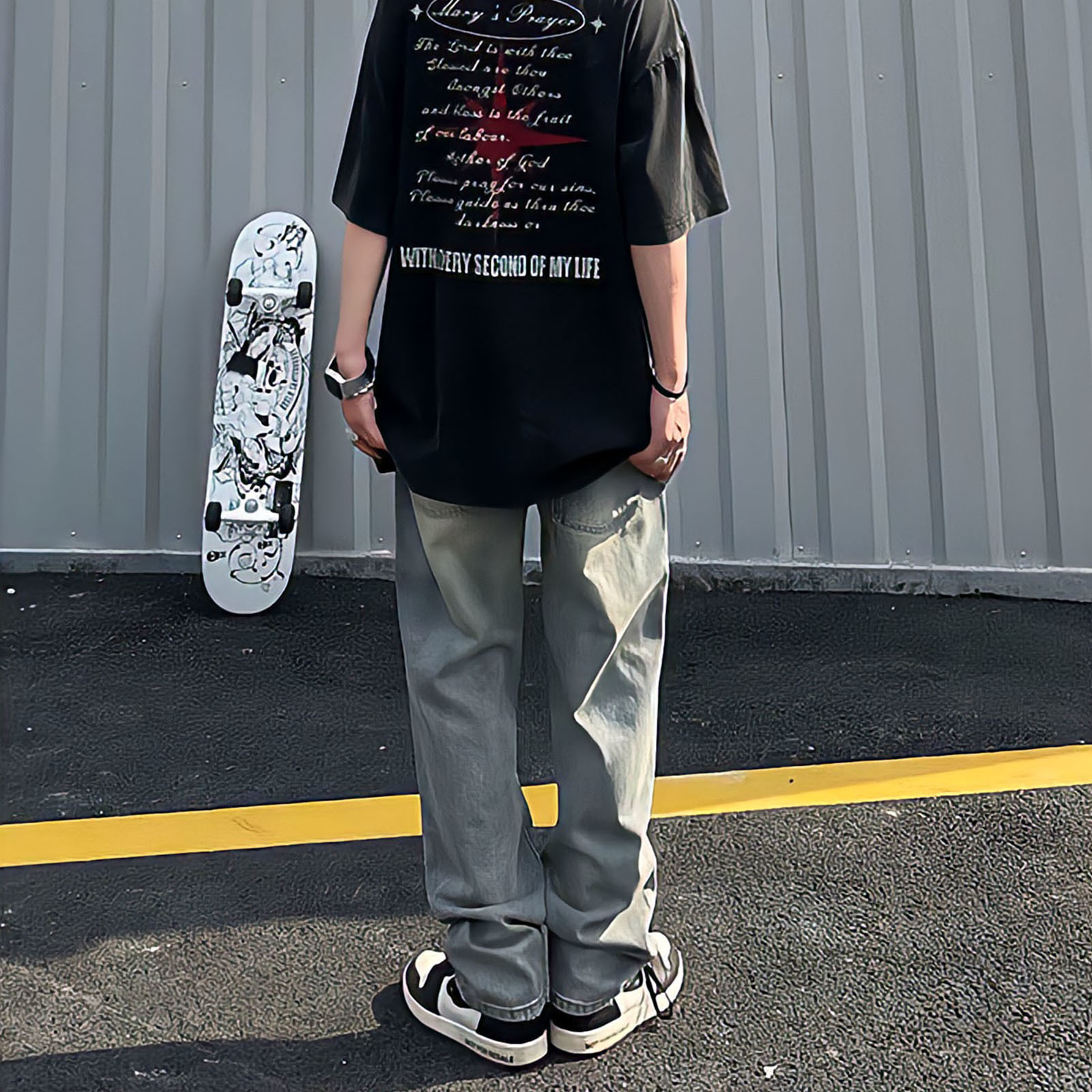 Men's Jeans Blue Punk Baggy For Men Straight Leg Oversized Pants Letter Print Streetwear Y2k Vintage Hip Hop Ripped Denim Trousers 230426