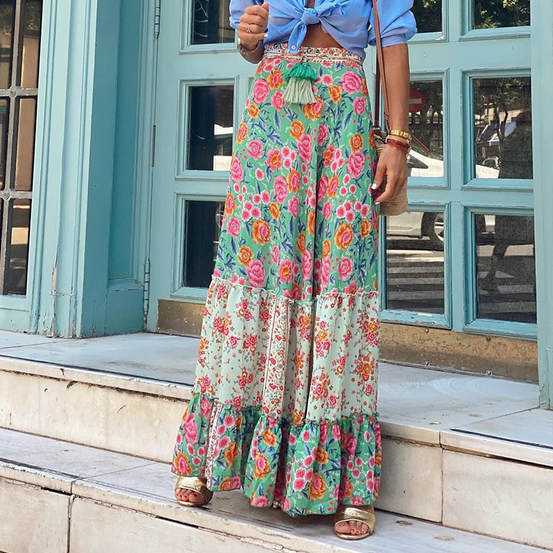 Skirts 2023 Boho Vintage Print Long Summer Casual Arts Style Loose Aline Elastic High Waist Holiday Beach Female XL 230426