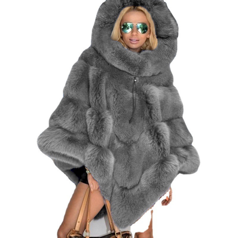Faux Fur Coat Women Fox Fur Winter Warm Oversized Long Sleeve Cape Poncho Overcoat Pullover Jacket Outwear Plus Size 201029
