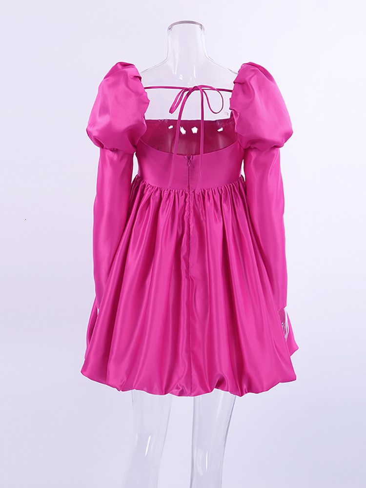 Casual Dresses Mnealways18 Puff Sleeves Woman Party Evening Chic Square Collar Ball Gown Short Beige Satin Pleated Ladies 230426