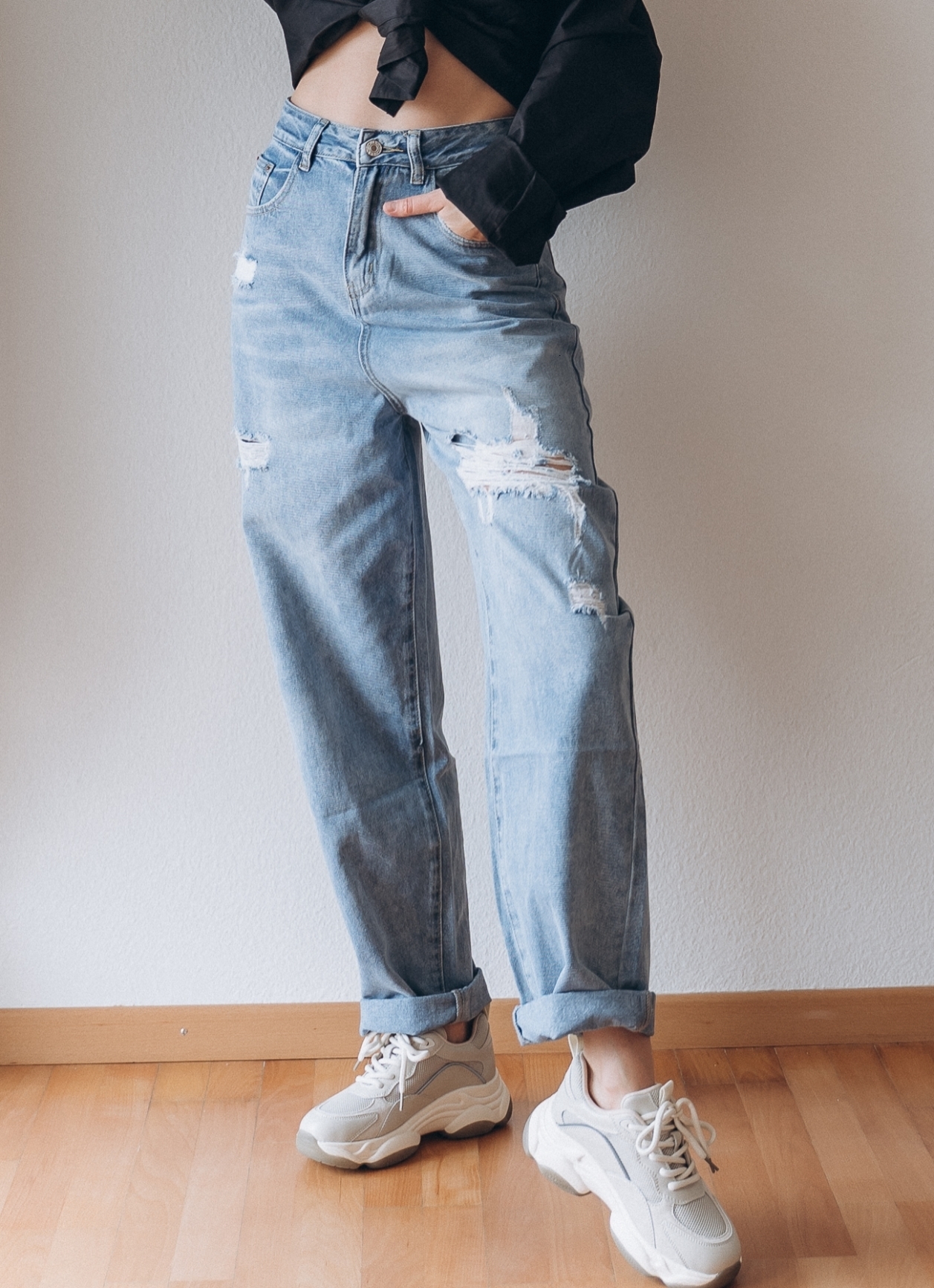 Women's Jeans ZHISILAO High Waist Straight Ripped Jeans Women Blue Denim Trousers Korean Fashion Streetwear Loose Pants 230427
