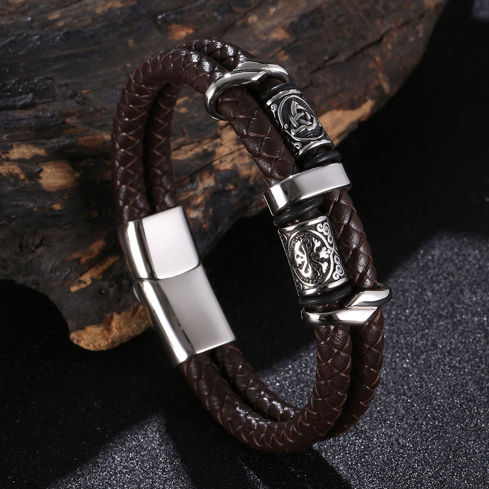 Viking Style Double Layered Leather Bracelet Stainless Steel Charm Bracelets for Women Gift