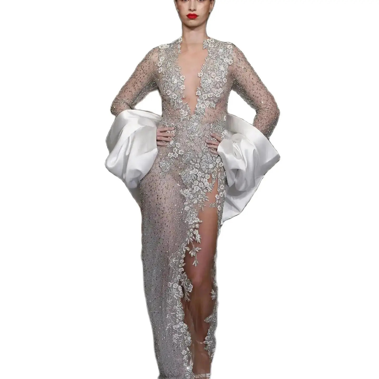 Illusion V Neck Mermaid Wedding Dress Elegant High Split Applique Beading Arabic Trumpet Bridal Gowns Robe De Soiree