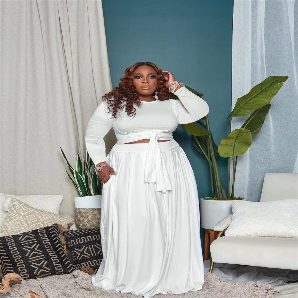Women's Plus Size Tracksuits Womens Clothing Sexy Skirt Two Pieces Sets Long Sleeves Floor Length Solid Fashion Casual Wholesale Drop 230426