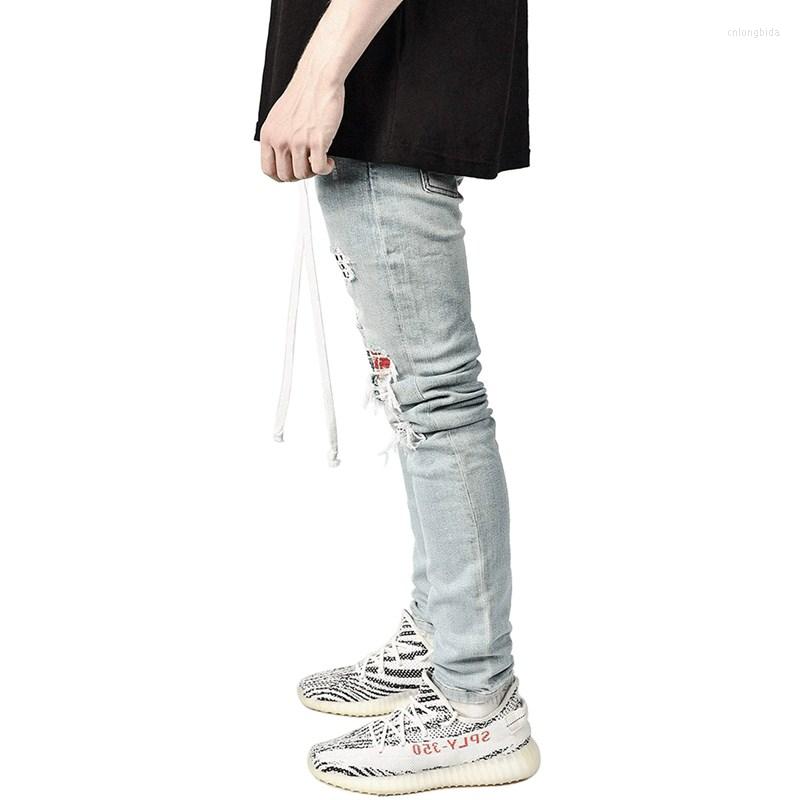 Men's Jeans Fashion Casual Men's Street Hip Hop Travel Sports Plaid Denim Ripped Patch Pencil Pants Slim Stretch Belt Trousers