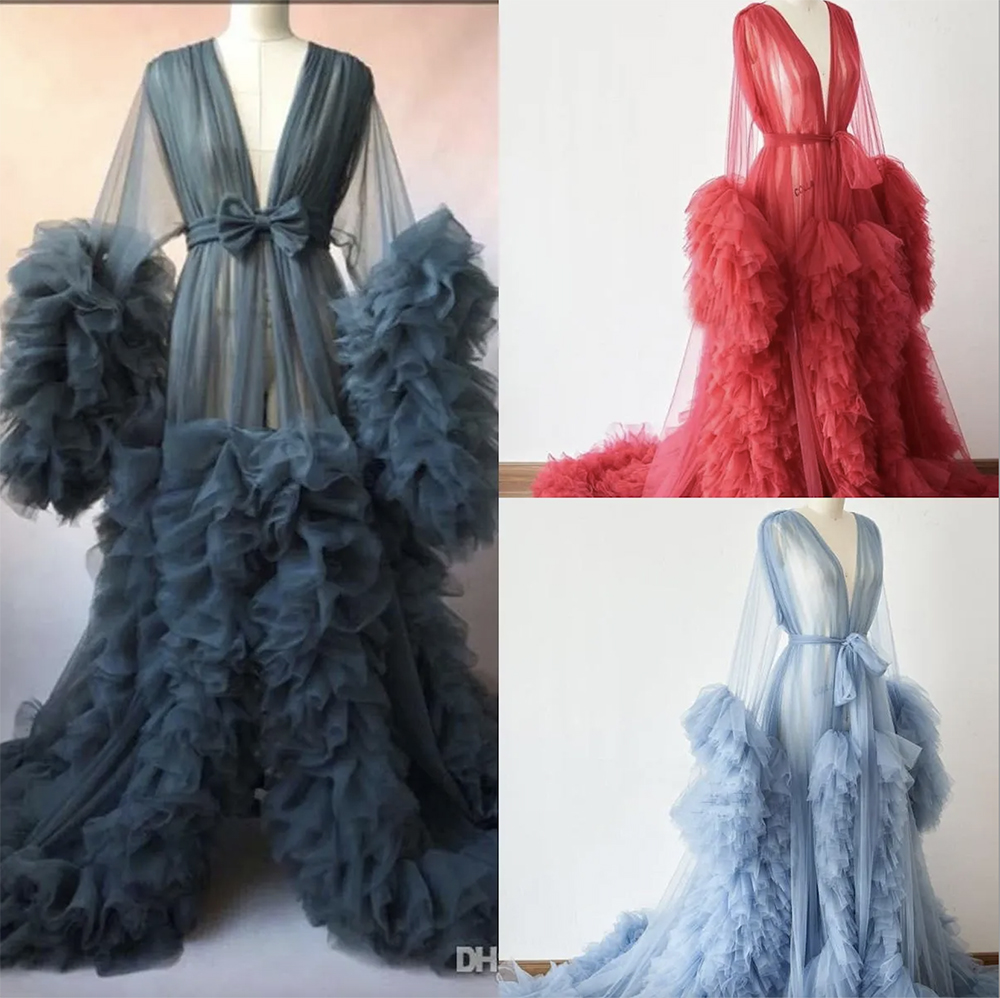 Chic Illusion Ruffles Tulle Long Sleeve Women Winter Sexy Kimono Pregnant Party Sleepwear Women Bathrobe Sheer Nightgown Robe Shawel