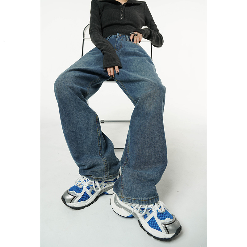 Women's Jeans Winter Vintage Blue High Waist Women Jeans American Fashion Streetwear Wide Leg Jean Female Denim Trouser Straight Baggy Pants 2304