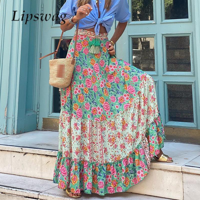 Skirts 2023 Boho Vintage Print Long Summer Casual Arts Style Loose Aline Elastic High Waist Holiday Beach Female XL 230426