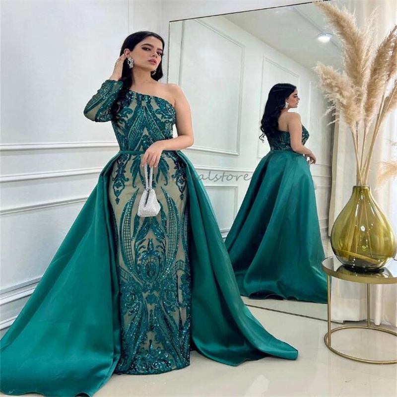 Arabic Emerald Evening Dress With Detachable Train Marocain Du Caftan One Shoulder Long Sleeve Sequin Prom Dress Formal Birthday Gowns Shine 2024 Prom