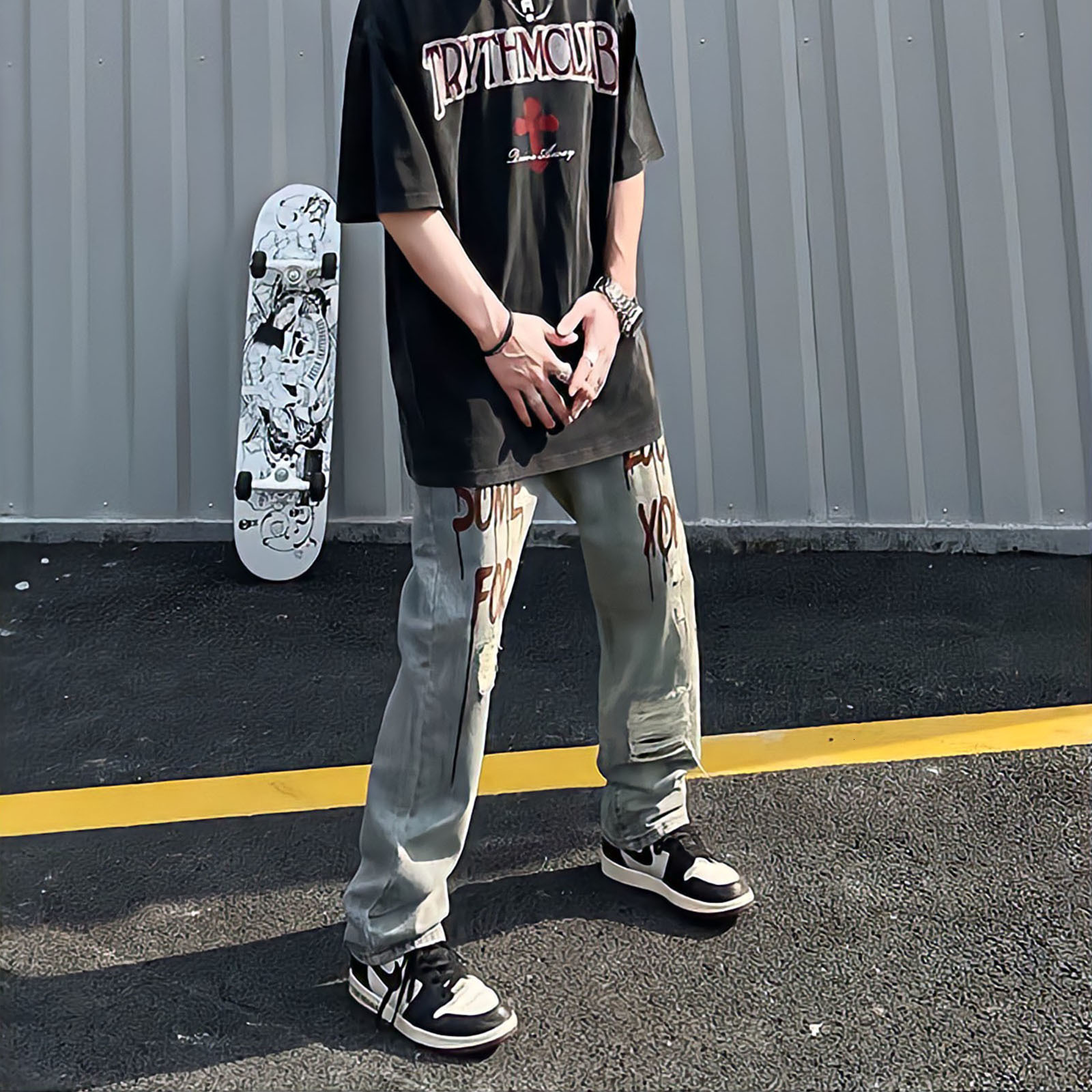 Men's Jeans Blue Punk Baggy For Men Straight Leg Oversized Pants Letter Print Streetwear Y2k Vintage Hip Hop Ripped Denim Trousers 230426