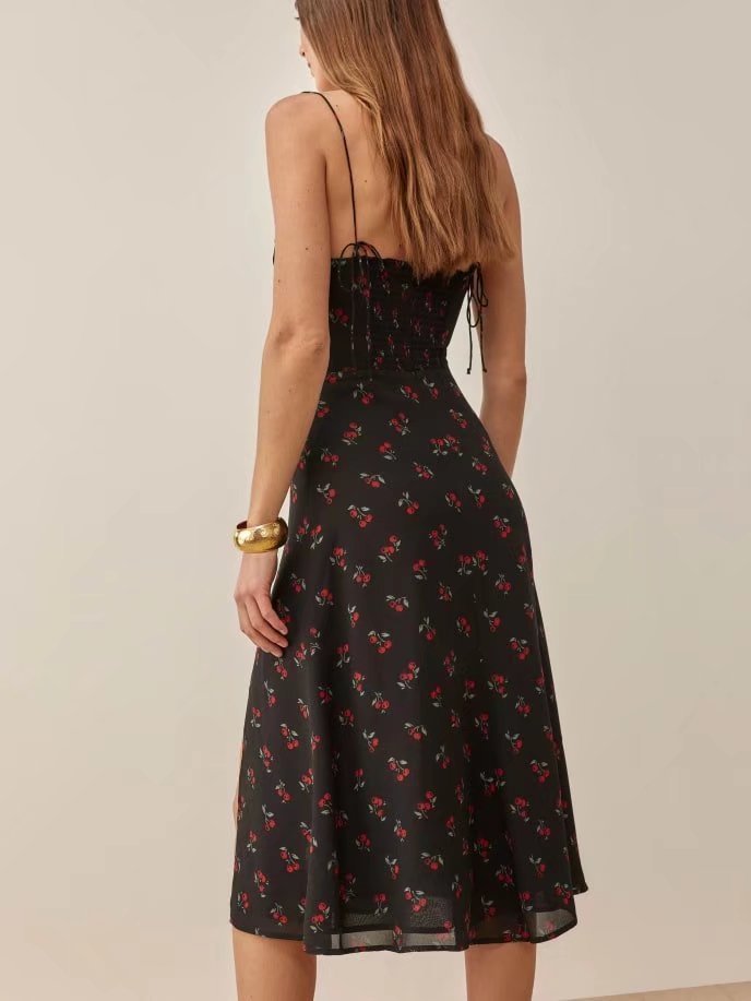 Foridol Strawberry Print White Chiffon Long Dress Women Spaghetti Strap Vintage Boho Summer Beach Maxi Sleeveless Sundress 220613