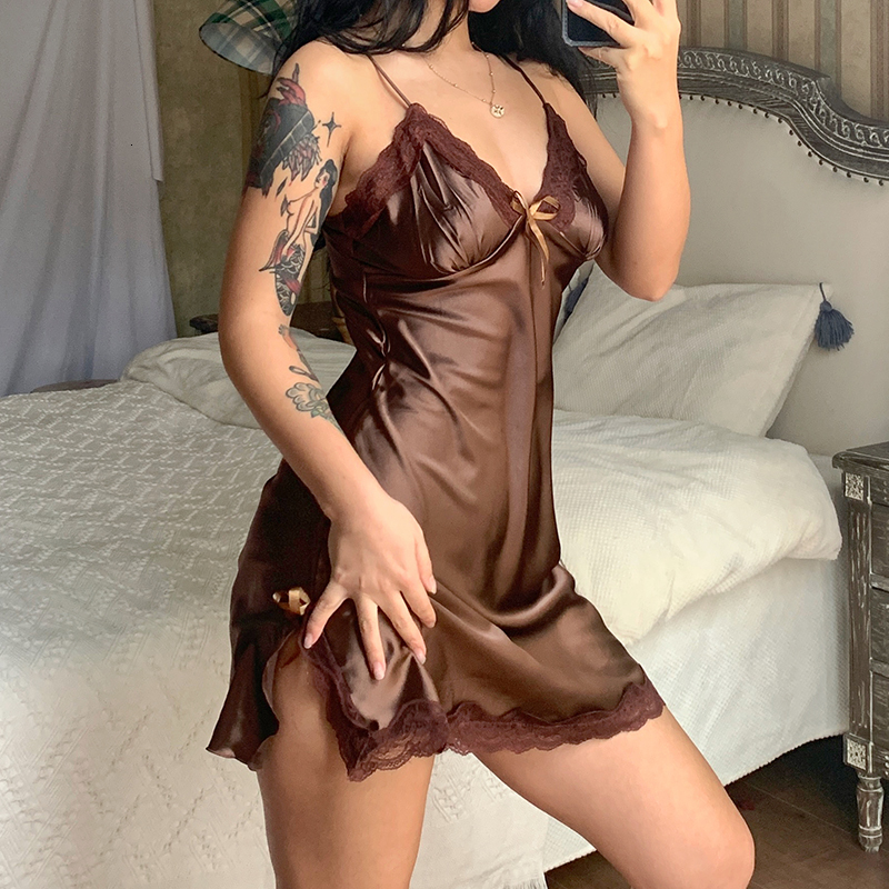 Sexy Pyjamas Rockmore Satin Strap Dress Nightgown Women Sexy Lace Nightwear Backless Print Mini Night Dresses Oversized Sleeveless Sleepwear 230427