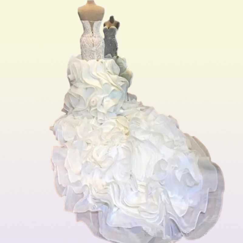 Gorgeous Mermaid Wedding Dress Sweetheart Beaded Pearl Tiered Ruffles Chapel Train Bridal Gowns Off Shoulder Sexy Wedding Dresses