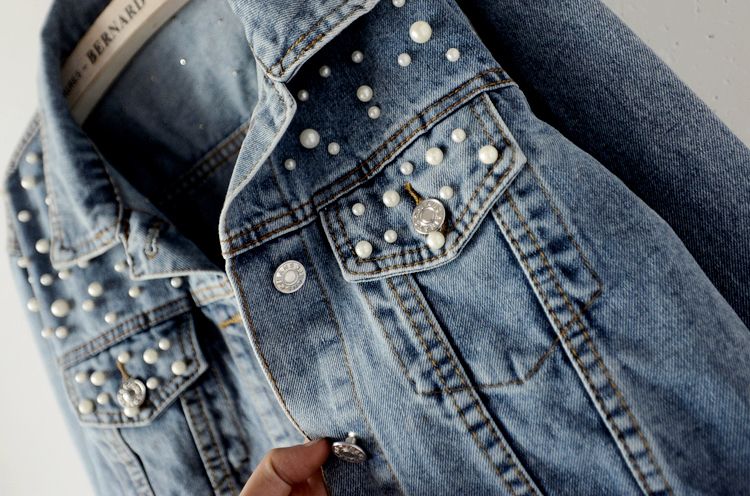 Women's Jackets Women's Jeans Jacket Beading Female Kpop Clothes Streetwear Elegant Casual Denim Coat Vintage Washed Bling High Street 23042