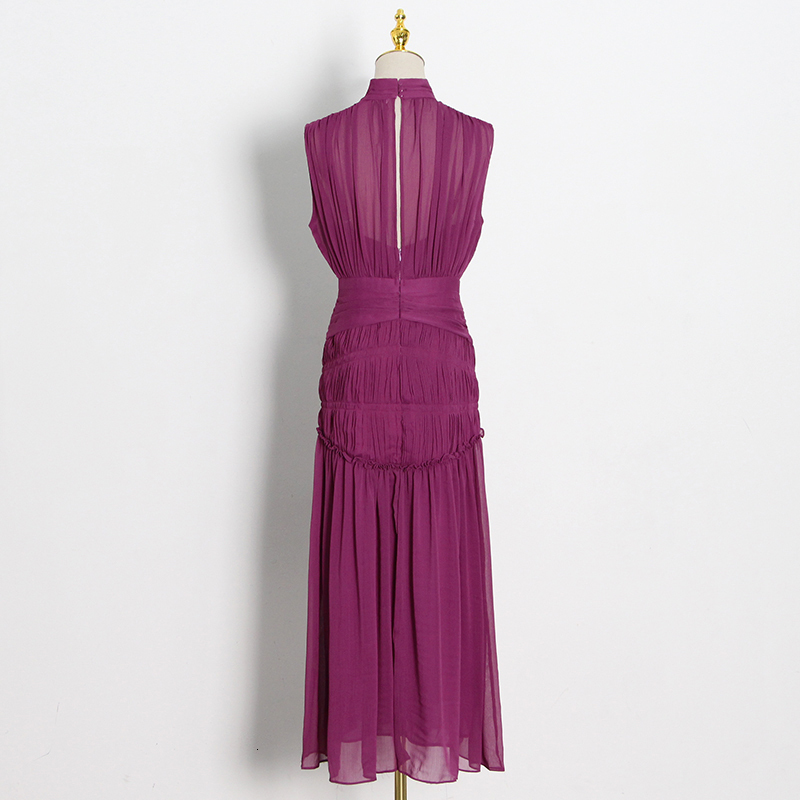 Casual Dresses TWOTWINSTYLE Vintage Ruched Dress For Women Stand Collar Sleeveless High Waist Chiffon Midi Female Fashion 230427