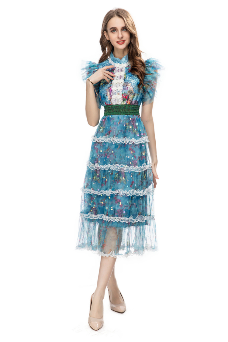 Women's Runway Dresses O Neck Tiered Ruffles Lace Patchwork Fashion High Street Vestidos