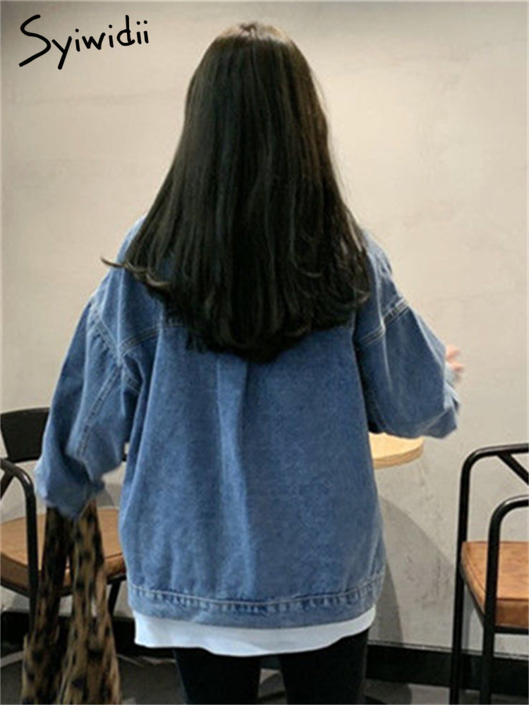 Women's Jackets Syiwidii Denim Jacket for Women Loose Single Breasted Turn Down Collar Long Sleeve Jacket Korean Fashion Streetwear Coat 230427