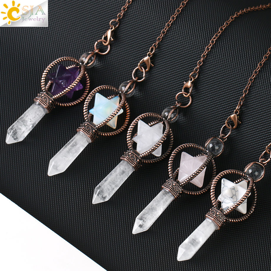 Pendant Necklaces CSJA Esotericism Crystal Pendulums for Dowsing Divination Pendulum Merkaba Natural Stone Pendant Clear Quartz Red Bronze G930 230426