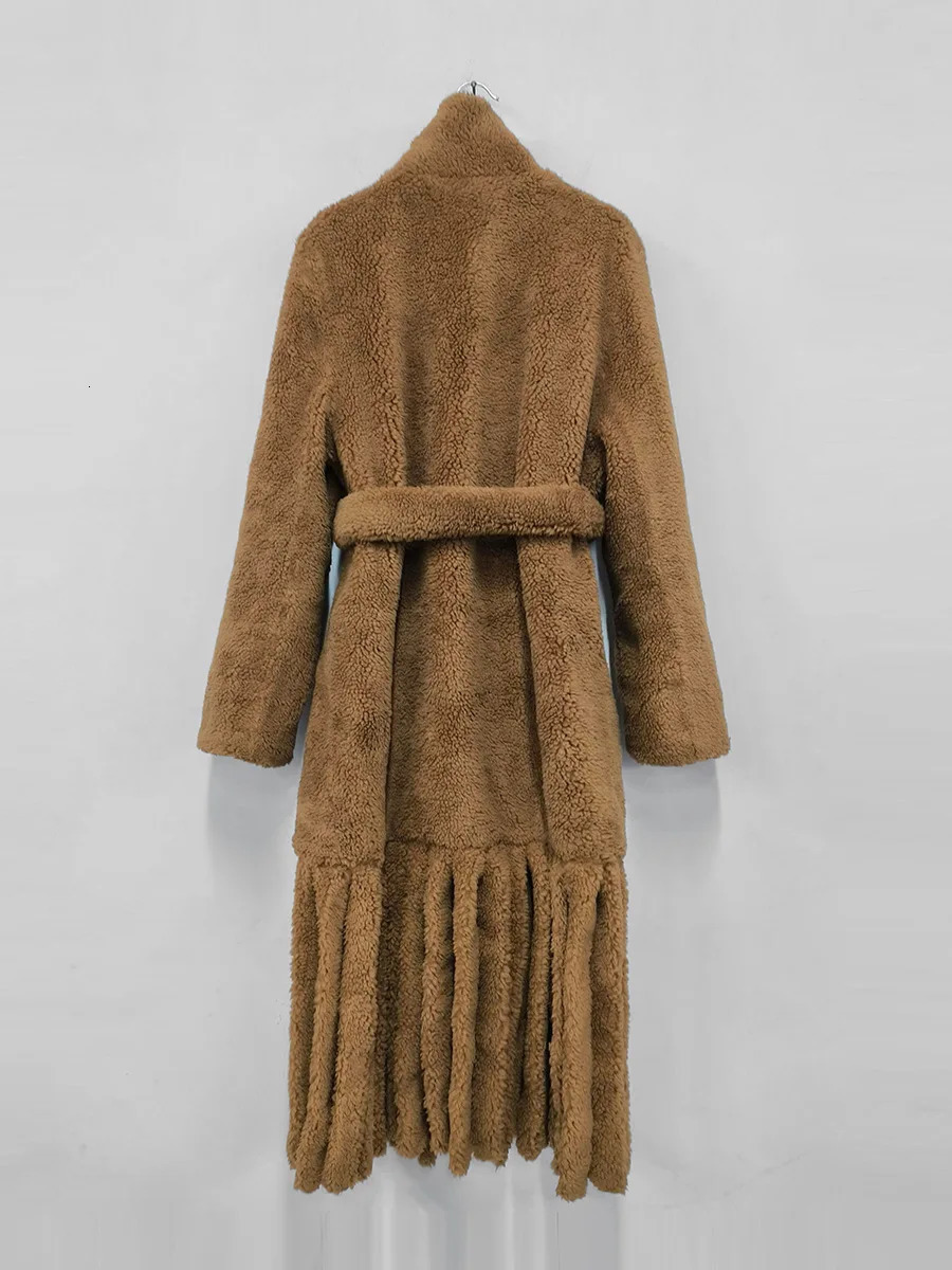 Women's Wool Blends Fashion Faux Fur Warm Coat Lapel Casual Loose Long Sleeve Hem Tassel Plush Overcoat 2023 Winter 231124