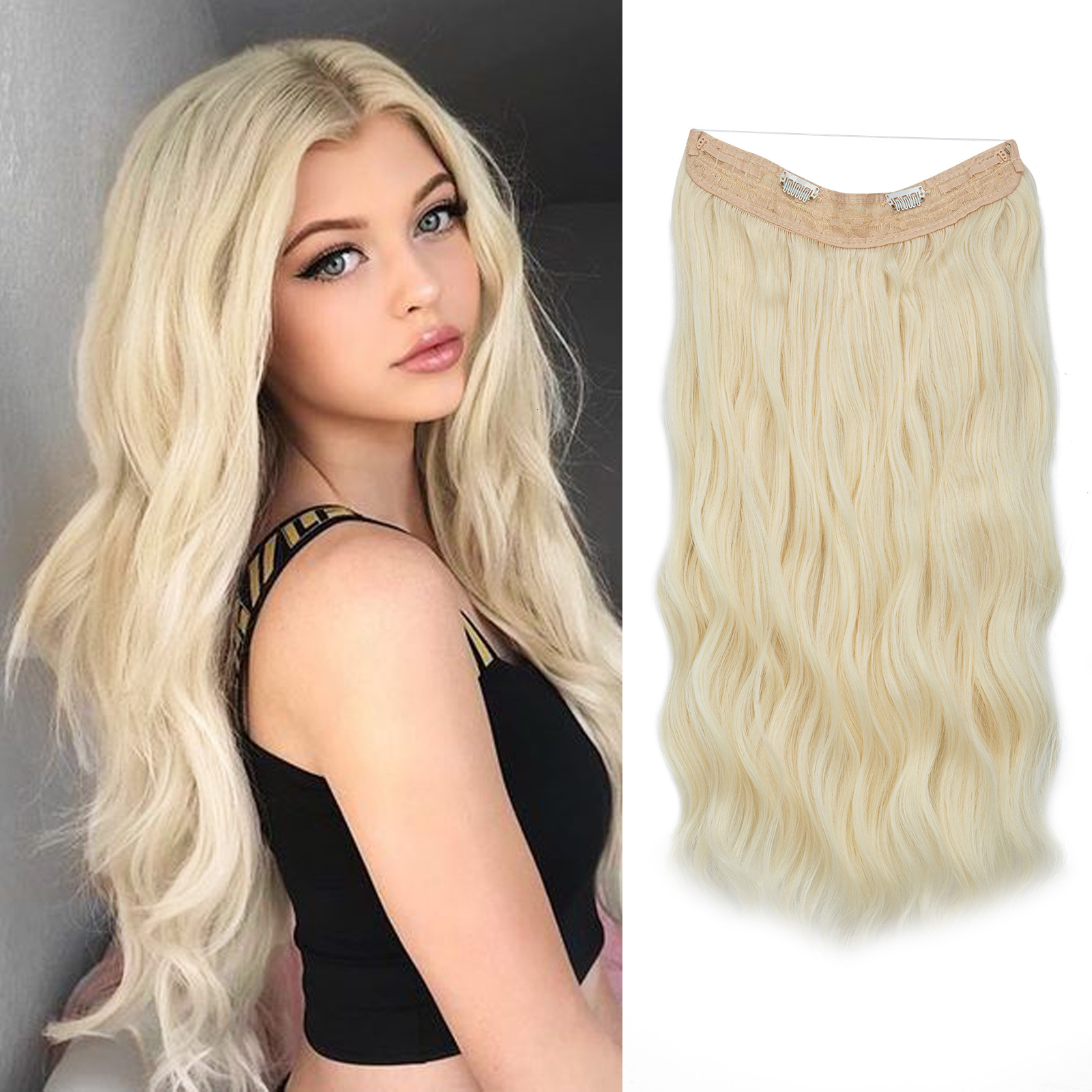 Wire Hair Extensions Adjustable Headband Synthetic Wavy Curly Invisible Transparent No Clip Long Hair Pieces