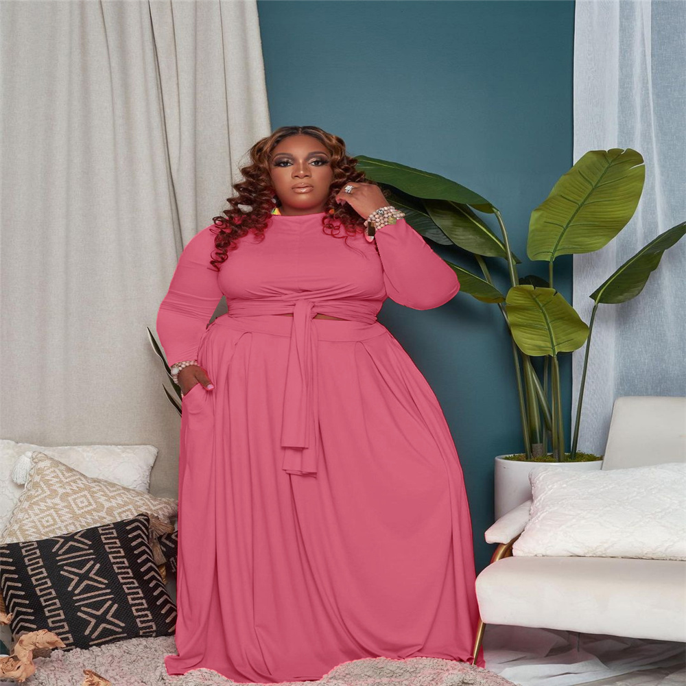 Women's Plus Size Tracksuits Womens Clothing Sexy Skirt Two Pieces Sets Long Sleeves Floor Length Solid Fashion Casual Wholesale Drop 230426