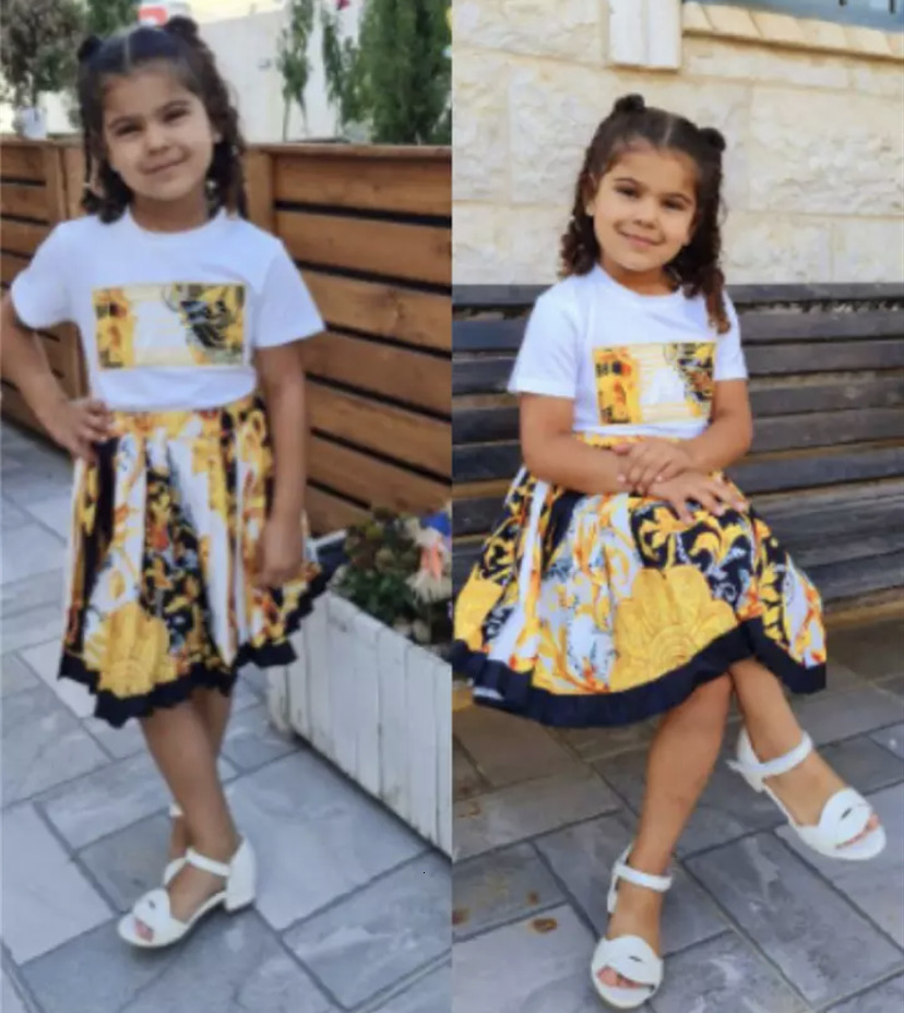 Clothing Sets Summer girls dress set gold printed cotton fabric 230427